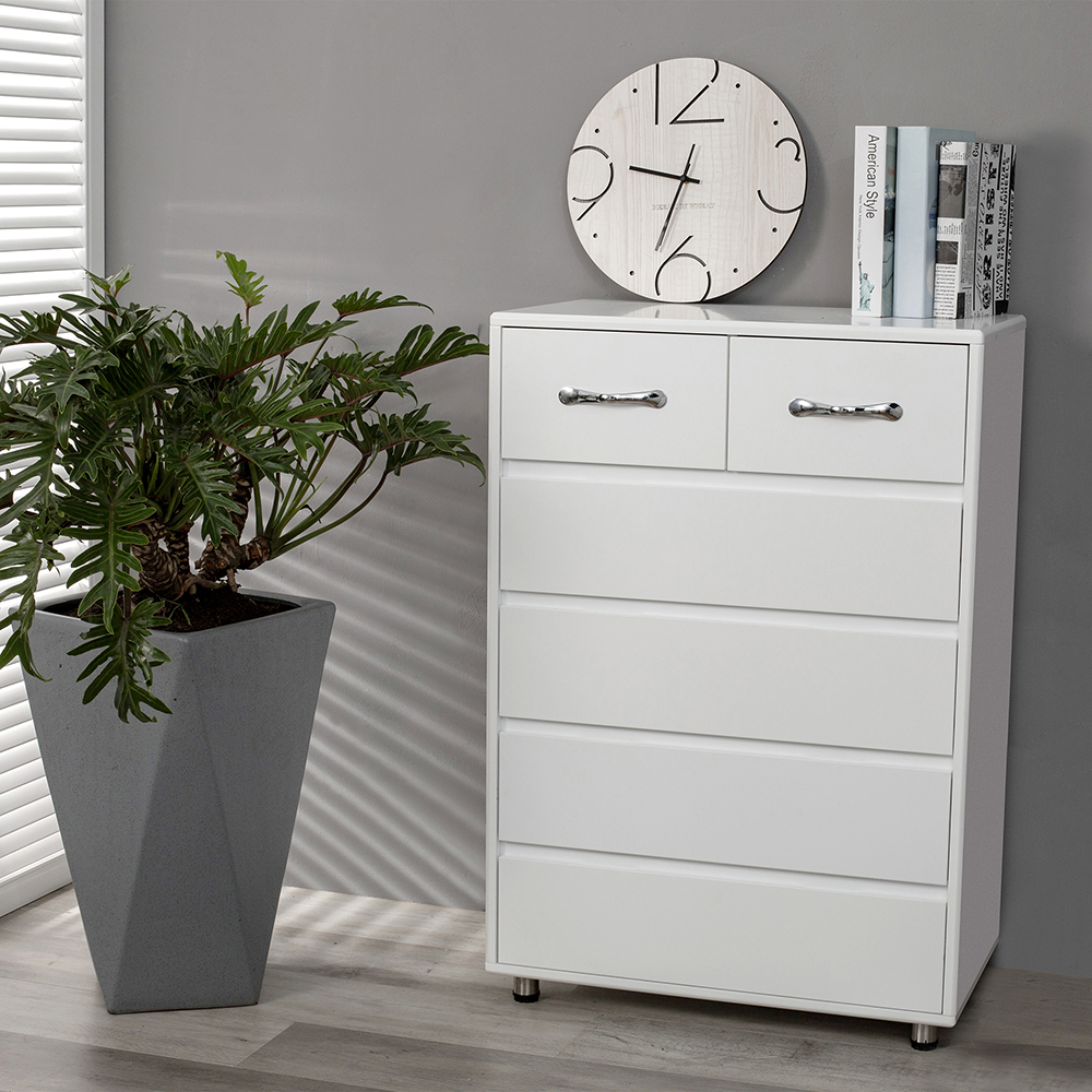 MDF Waterproof Storage Cabinet Height Adjustable with 6 Drawers of Different Sizes, for Home, Office, Dining Room, Bedroom - White
