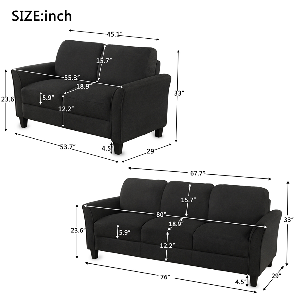 2+3-Seat Linen Fabric Upholstered Sofa Set, with Pillows and Wooden Feet, for Living Room, Bedroom, Office, Apartment - Black