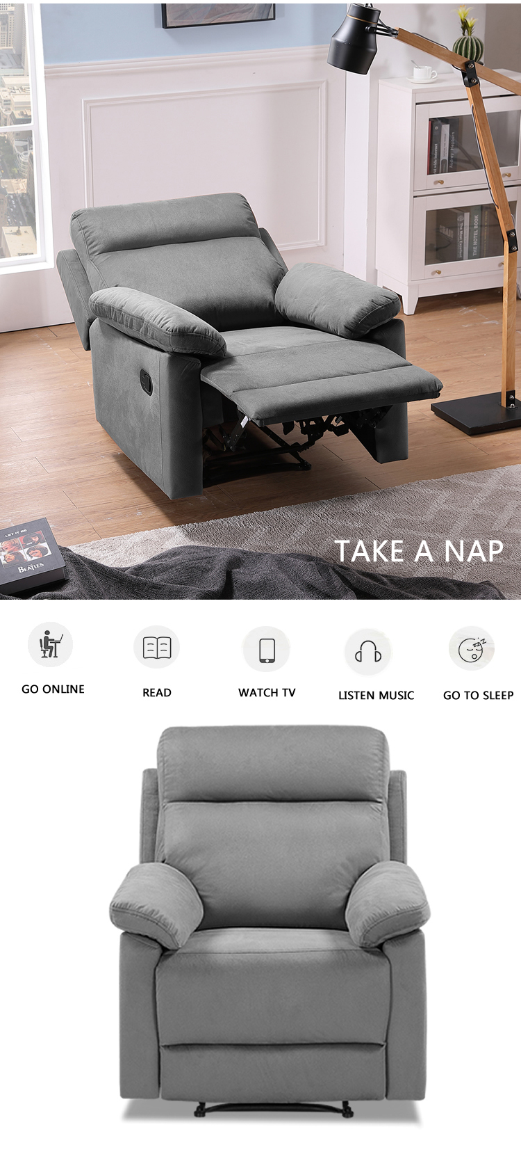 Polyester Recliner with Backrest and Armrest for Living Room, Bedroom, Home Theater, Office - Grey