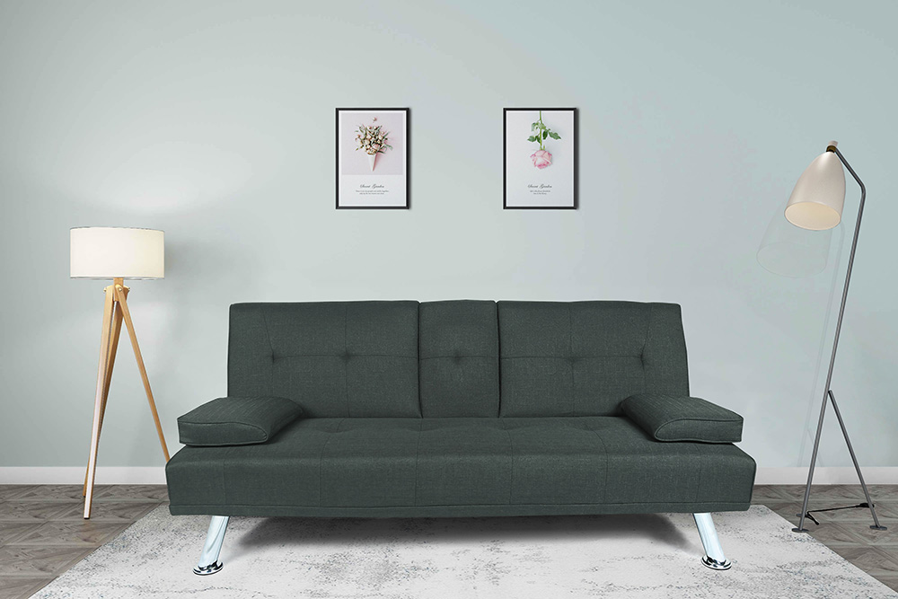 66" Twin Size Linen Fabric Sofa Bed with 2 Cup Holders and Metal Legs, for Living Room, Bedroom, Office, Apartment - Dark Grey