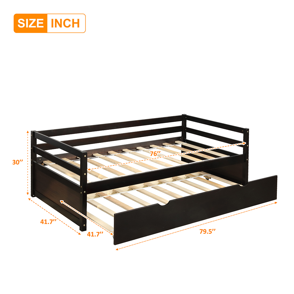Twin Size Wooden Daybed with Trundle Bed and Wooden Slats Support, No Need for Spring Box, for Living Room, Bedroom, Office, Apartment - Espresso