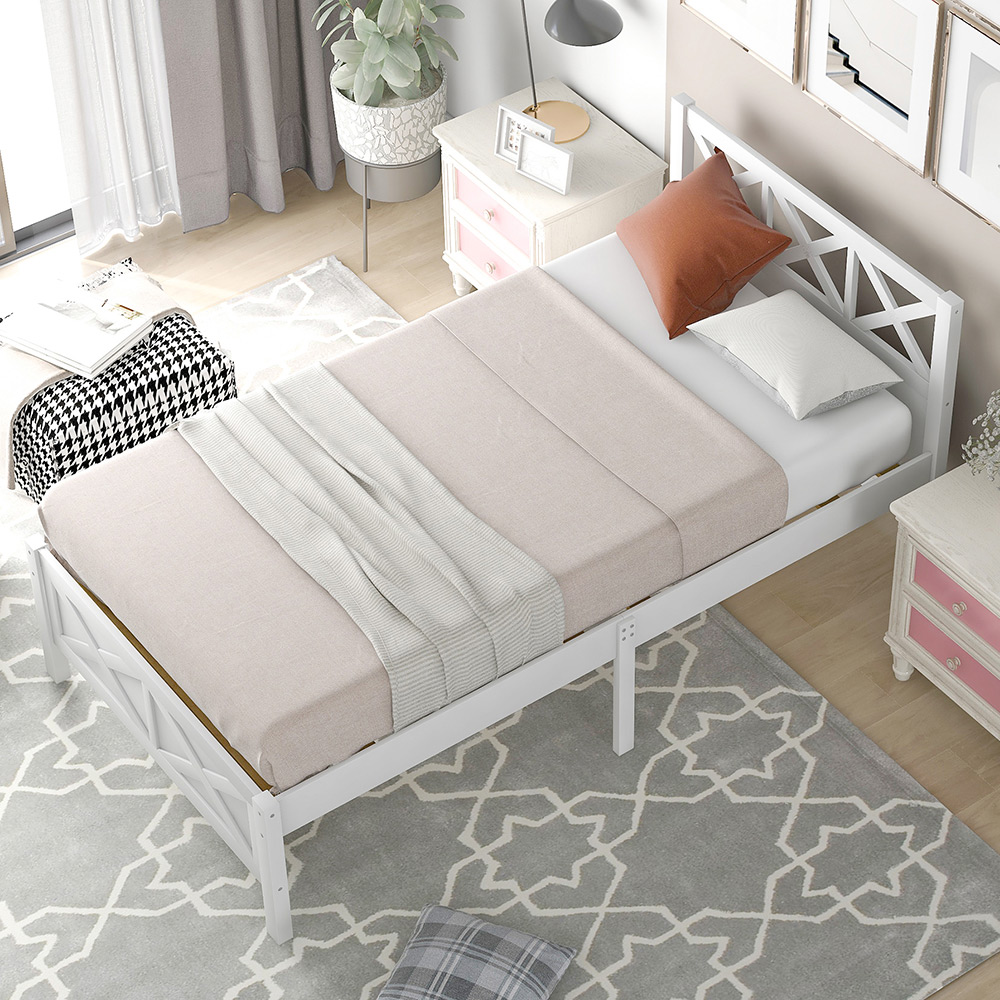 Twin Size Wooden Platform Bed Frame with High Legs and Wooden Slats - White