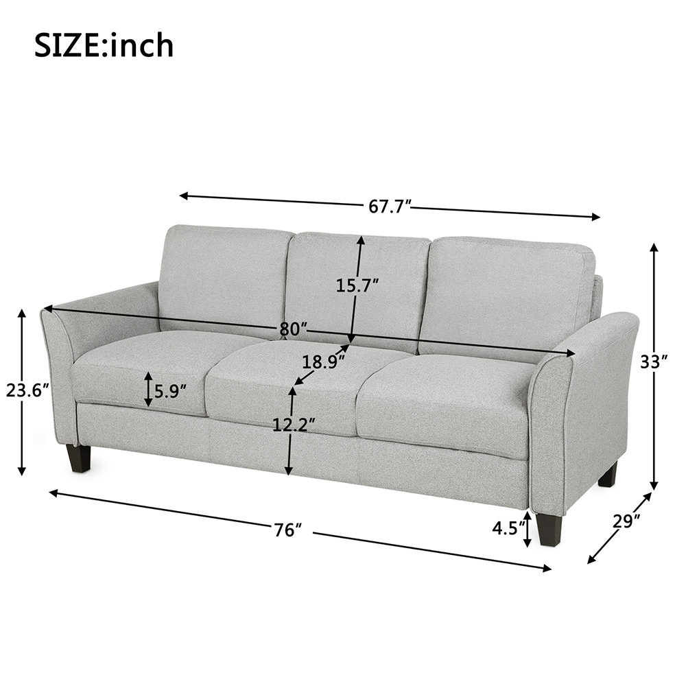 3-Seat Linen Fabric Sofa with Wooden Frame and Plastic Feet, for Living Room, Bedroom, Office, Apartment - Light Gray
