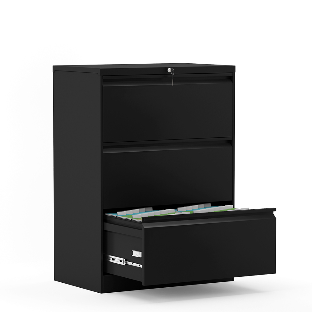 Home Office Lateral Metal Lockable File Cabinet with 3 Storage Drawers, for A4, Letter-Sized and Legal-Sized Hanging Documents - Black