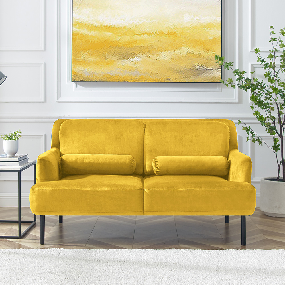 2-Seat Velvet Upholstered Sofa with High Iron Feet and Backrest for Office, Apartment, Bedroom, Living Room - Yellow