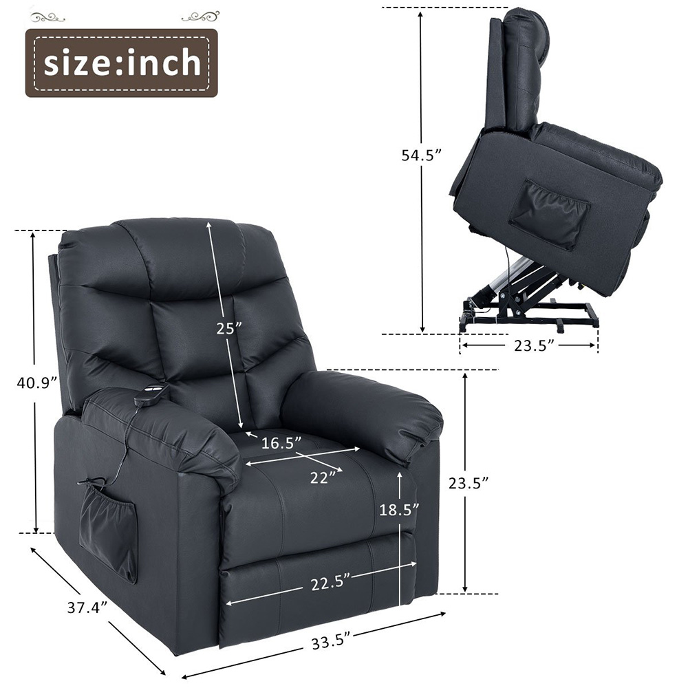 Orisfur PU Leather Upholstered Electric Lift Recliner with High Backrest and Remote Control for Home Theater, Office, Living Room - Black