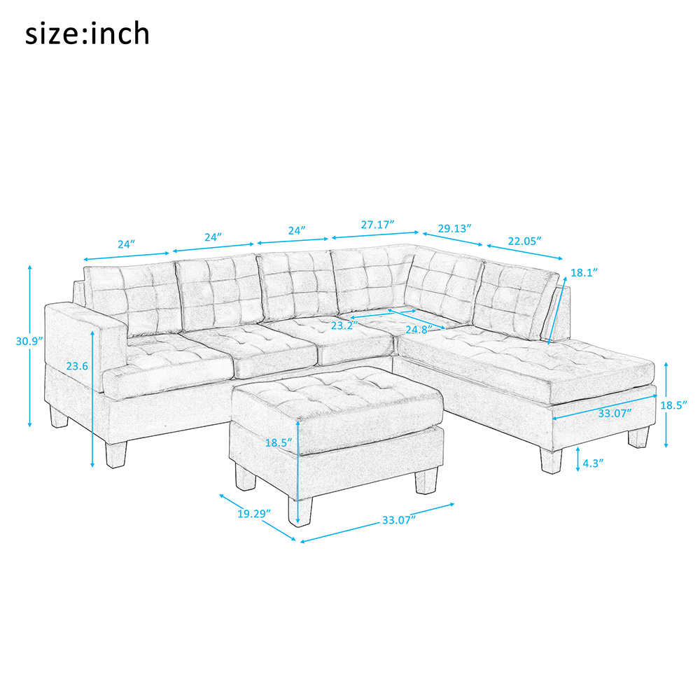 U-STYLE 5-Seat Microfiber Upholstered Sectional Sofa with Storage Ottoman and Wooden Frame, for Living Room, Bedroom, Office, Apartment - Gray