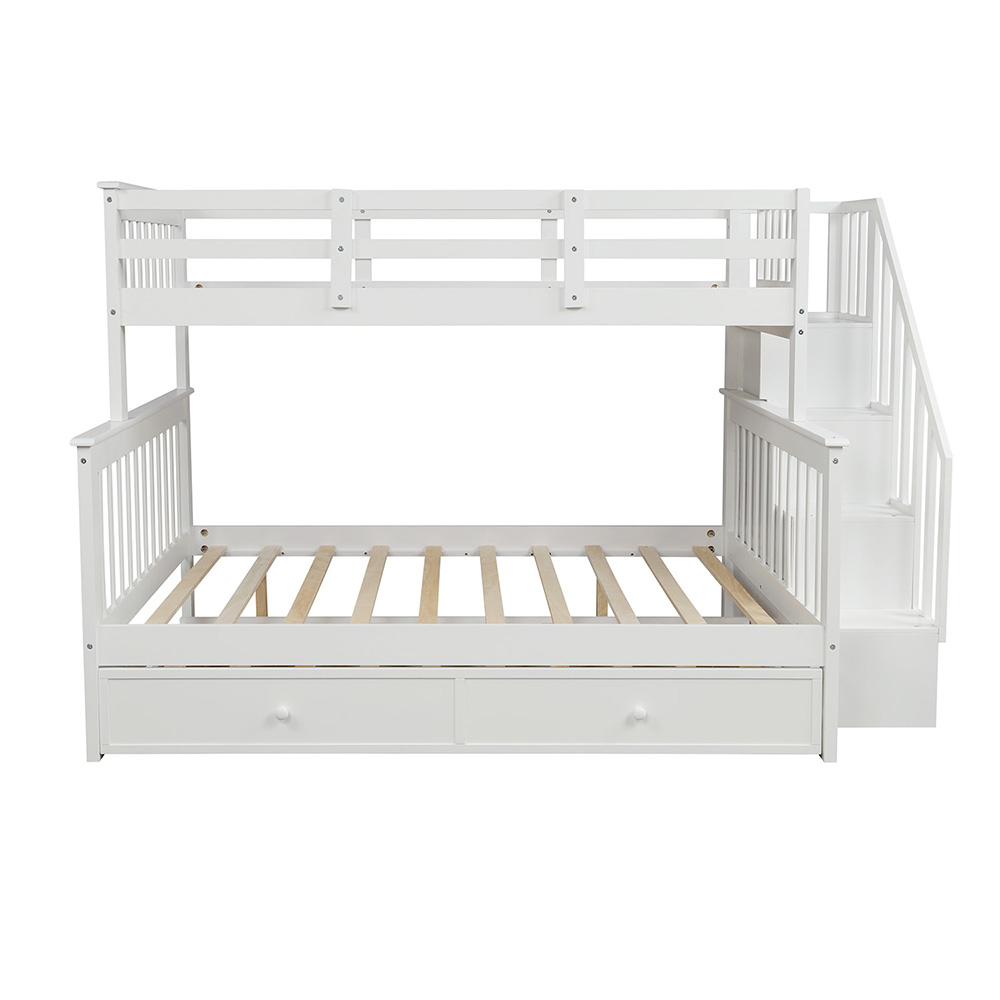 Twin-Over-Full Size Stairway Bunk Bed Frame with Trundle Bed, and Wooden Slats Support, No Spring Box Required (Frame Only) - White