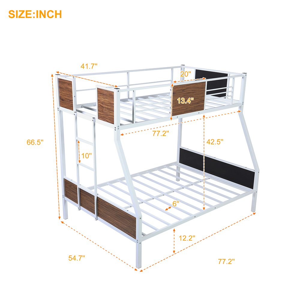 Twin-Over-Full Size Bunk Bed Frame with Ladder, and Metal Slats Support, No Spring Box Required (Frame Only) - White