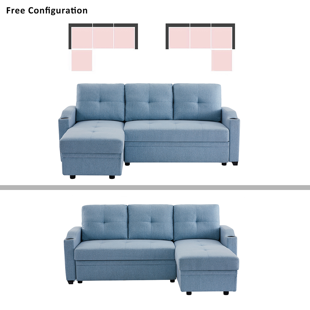 Orisfur 81" Linen Upholstered Sofa Bed with Storage Chaise and 2 Cup Holders, for Living Room, Bedroom, Office, Apartment - Gray