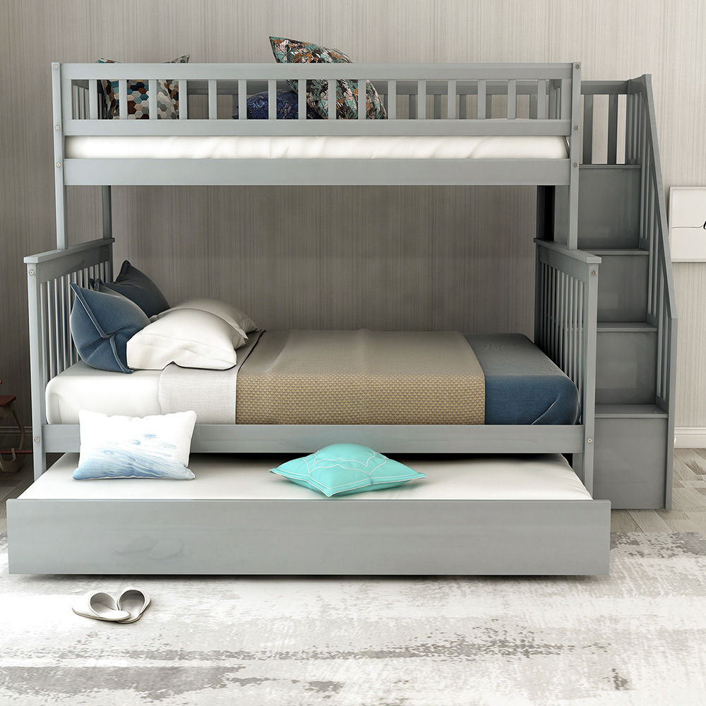 Twin-Over-Full Size Stairway Bunk Bed Frame with Trundle Bed, and Wooden Slats Support, No Spring Box Required (Frame Only) - Gray