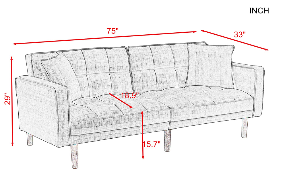 75" 2-Seat Linen Fabric Upholstered Sofa Bed, with Adjustable Backrest and Solid Wood Frame, for Living Room, Bedroom, Office, Apartment - Yellow