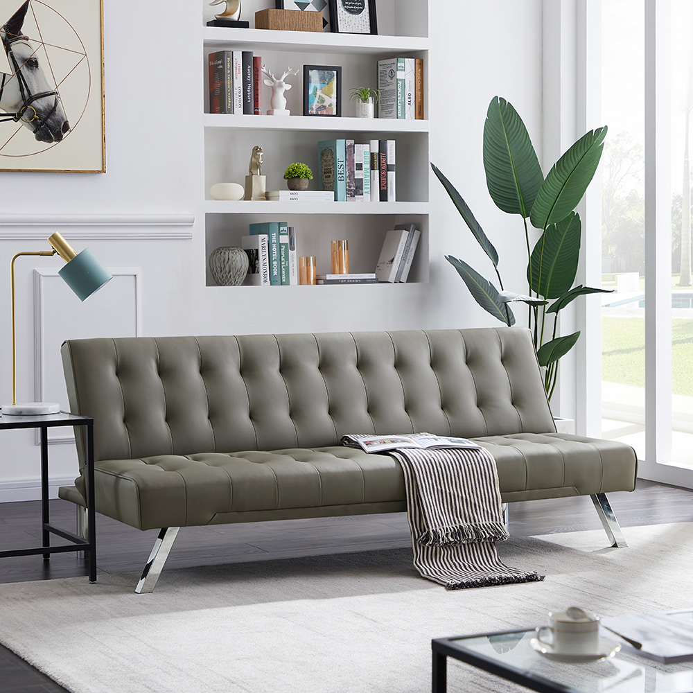 2-Seat PU Leather Armless Sofa Bed with Solid Wood Frame and Metal Legs, for Living Room, Bedroom, Office, Apartment - Gray