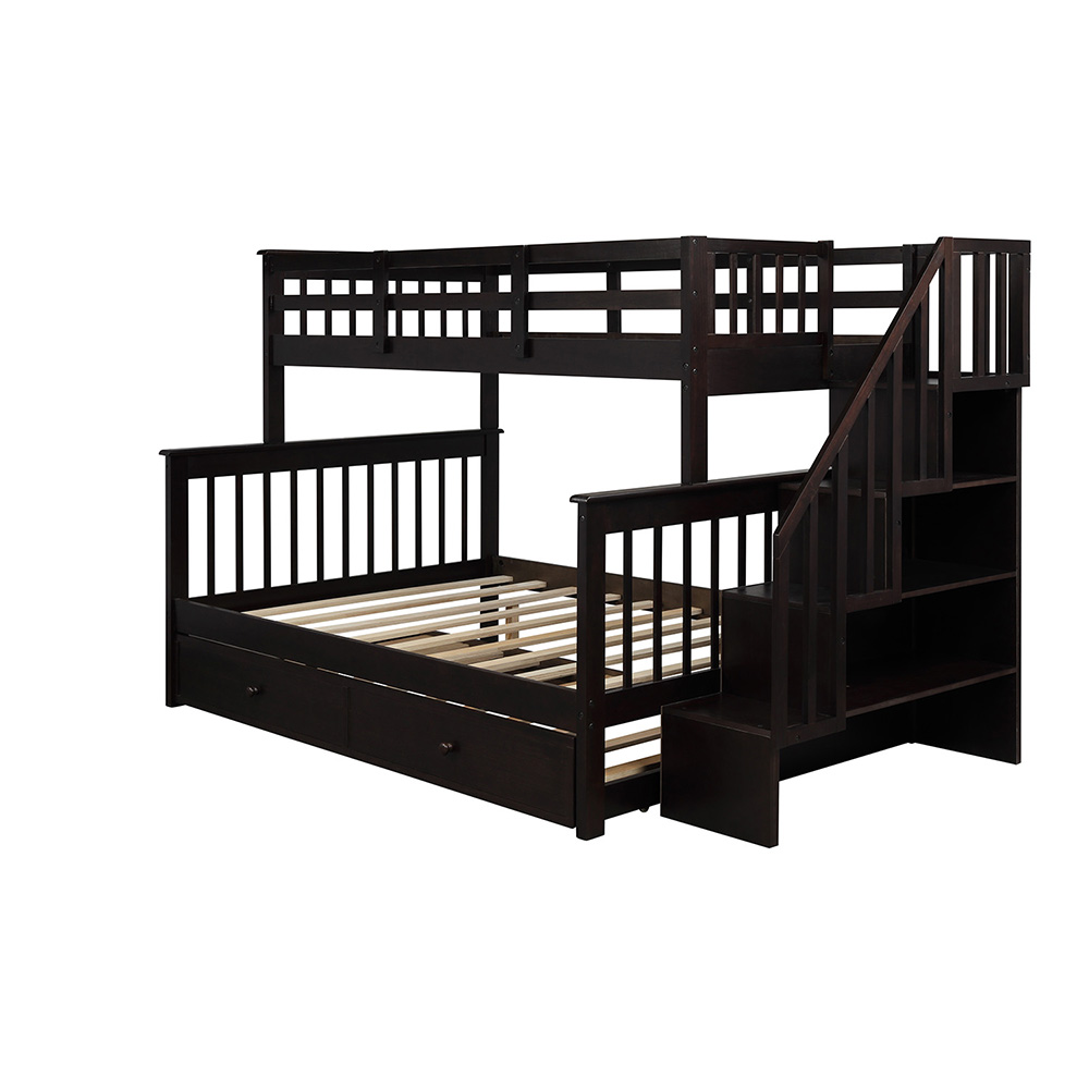 Twin-Over-Full Size Stairway Bunk Bed Frame with Trundle Bed, and Wooden Slats Support, No Spring Box Required (Frame Only) - Espresso
