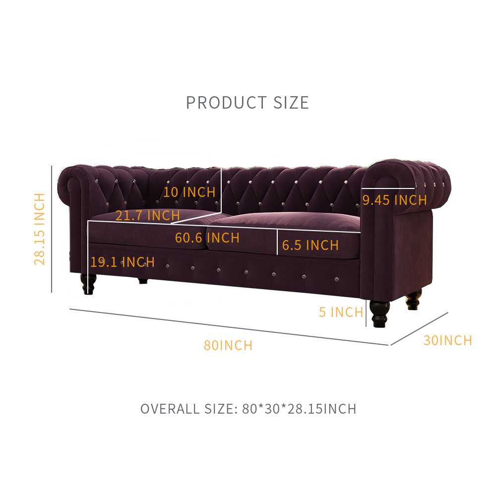80" 3-seat Velvet Upholstered Sofa with Wooden Legs, Armrests, and Backrest, for Living Room, Bedroom, Office, Apartment - Purple