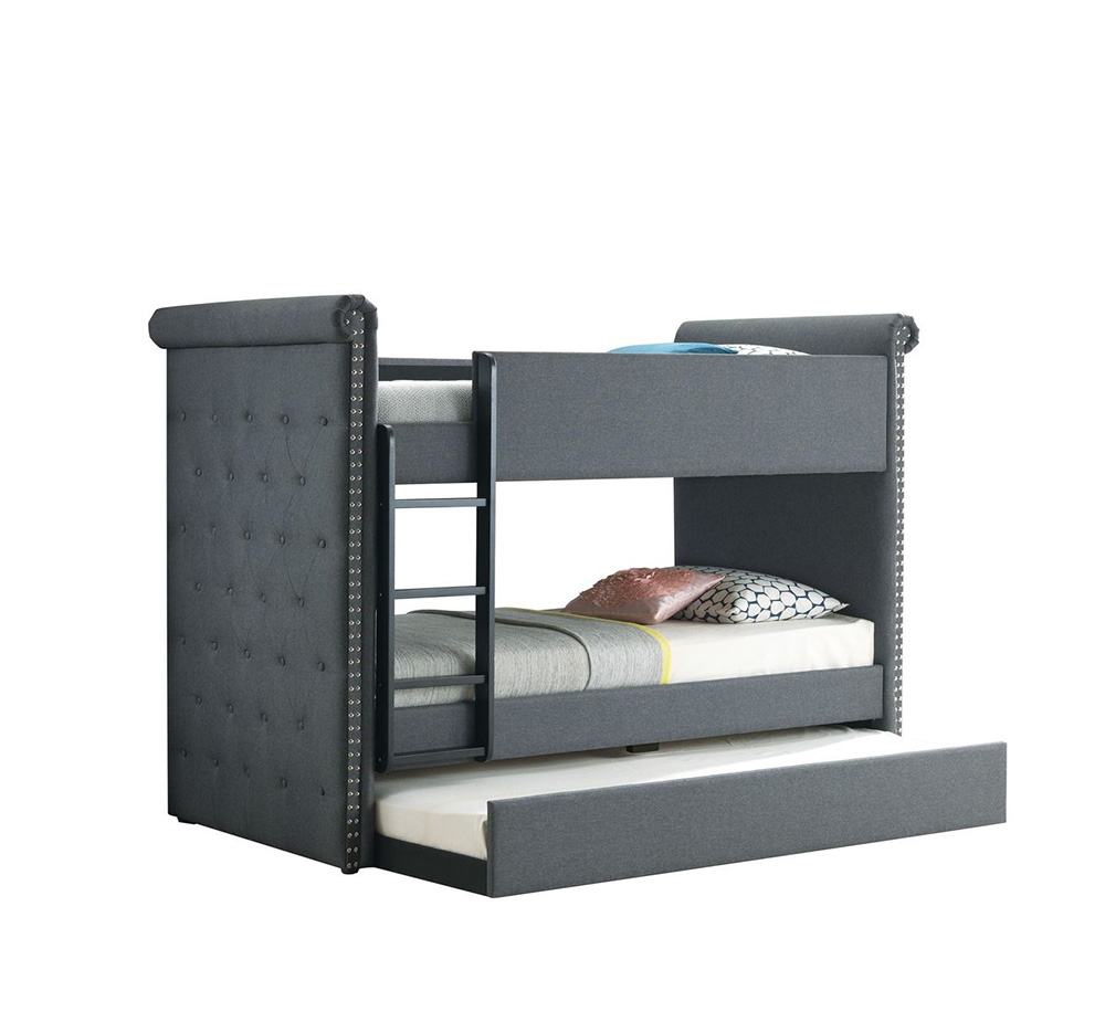 ACME Twin-Over-Twin Size Fabric Bunk Bed Frame with Trundle Bed, and Wooden Slats Support, No Spring Box Required (Frame Only) - Gray