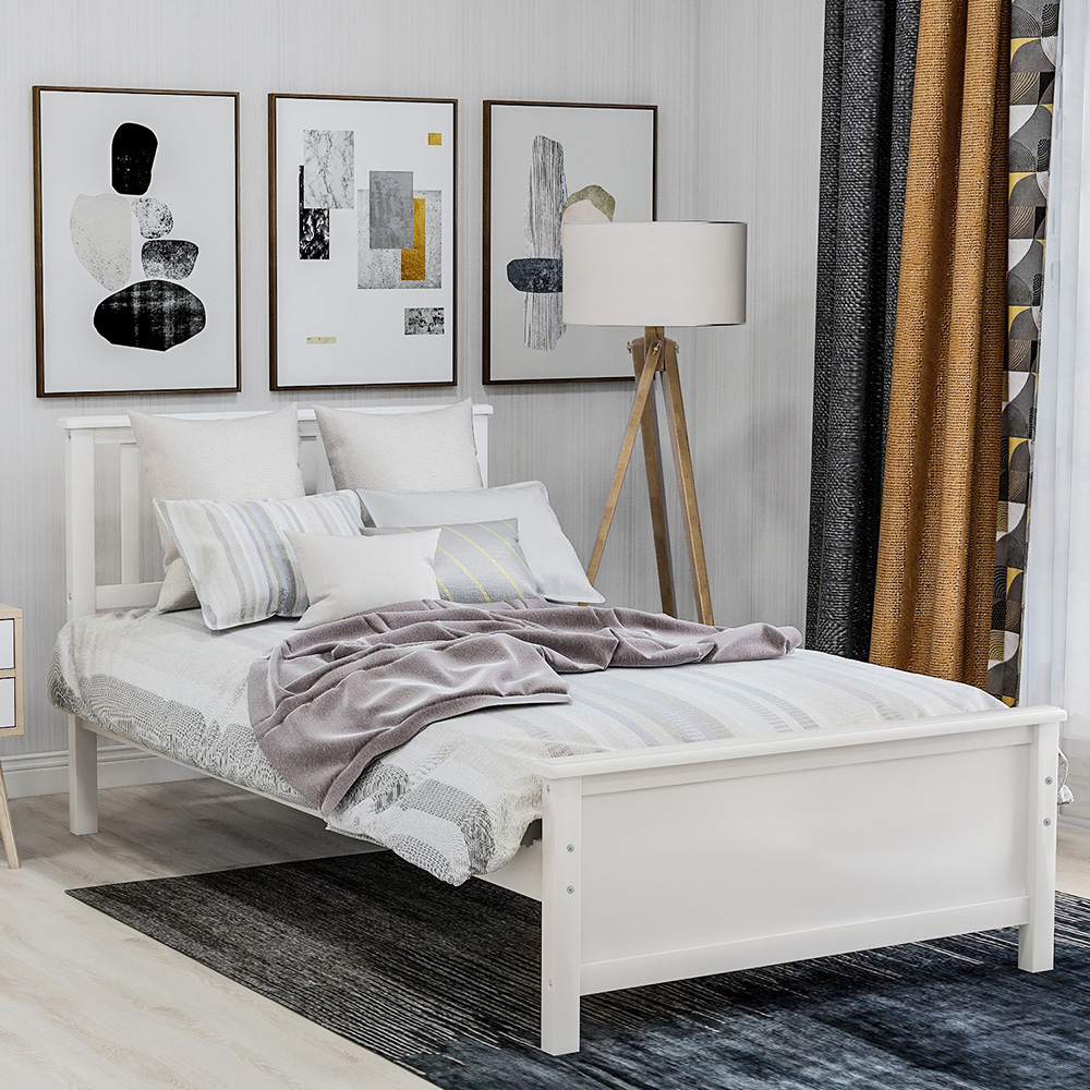 Twin Size Wooden Platform Bed Frame with Headboard, Footboard, and Wooden Slats Support, No Spring Box Required (Frame Only) - White