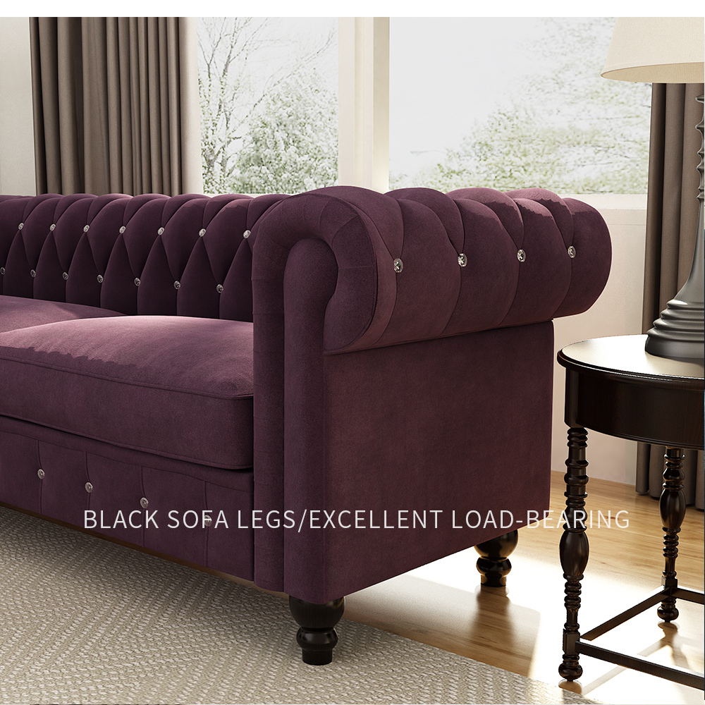 80" 3-seat Velvet Upholstered Sofa with Wooden Legs, Armrests, and Backrest, for Living Room, Bedroom, Office, Apartment - Purple