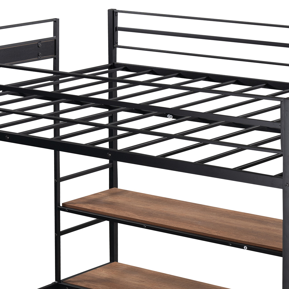 Full-Over-Twin/Full Size Bunk Bed Frame with Storage Shelves, and Metal Slats Support, No Spring Box Required (Frame Only) - Black