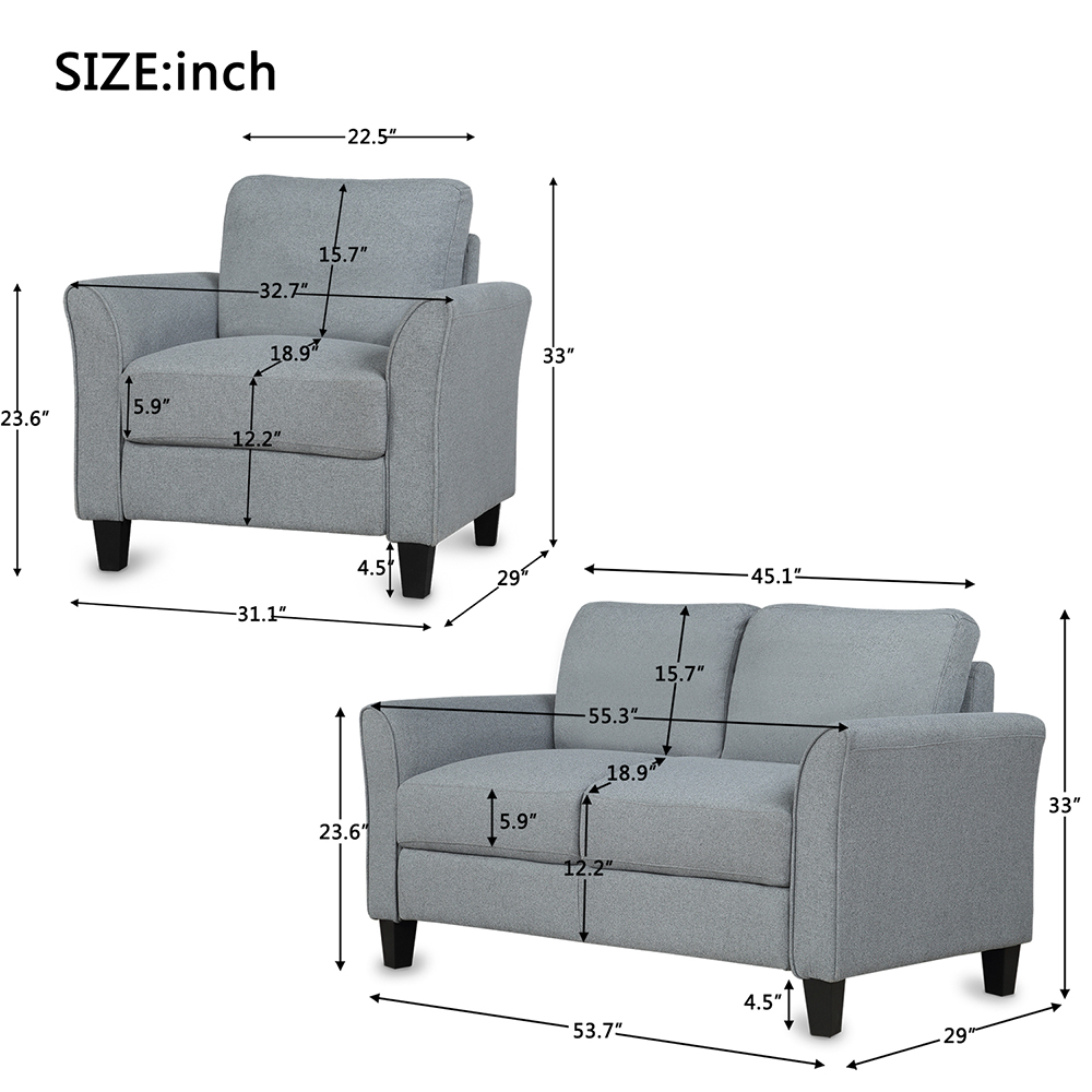 1+2-Seat Linen Upholstered Sofa with Wooden Frame, for Living Room, Bedroom, Office, Apartment - Dark Gray