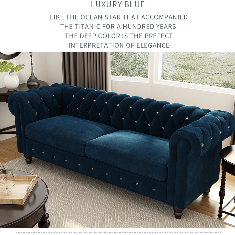 80" 3-seat Velvet Upholstered Sofa with Wooden Legs, Armrests, and Backrest, for Living Room, Bedroom, Office, Apartment - Blue
