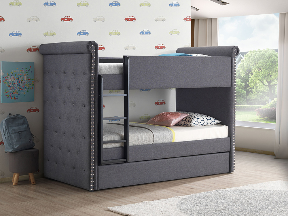 ACME Twin-Over-Twin Size Fabric Bunk Bed Frame with Trundle Bed, and Wooden Slats Support, No Spring Box Required (Frame Only) - Gray