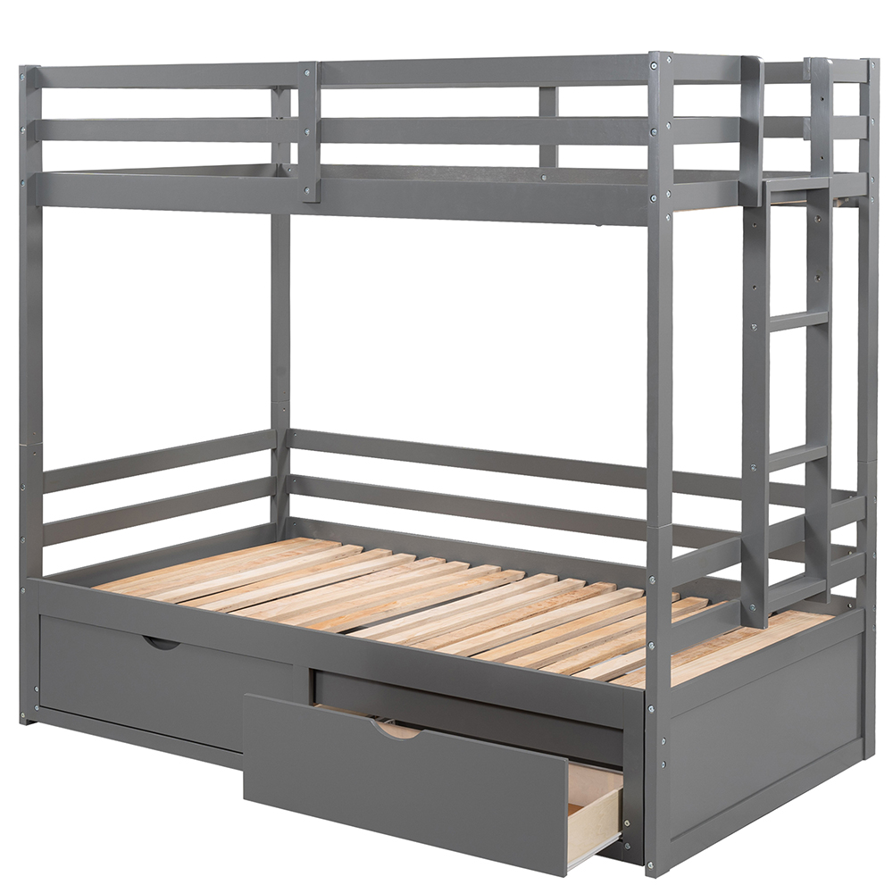 Twin-Over-Twin/Full/King Size Bunk Bed Frame with 2 Storage Drawers, and Wooden Slats Support, No Spring Box Required (Frame Only) - Gray