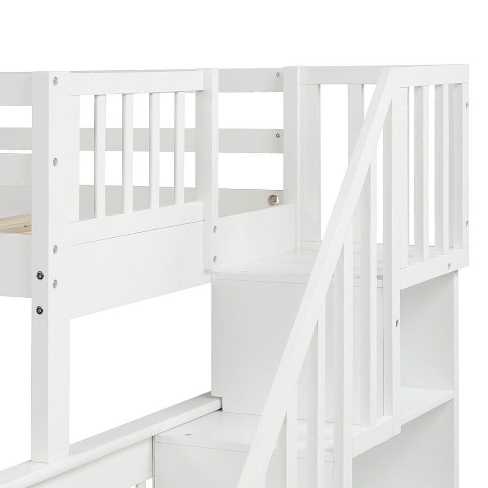 Twin-Over-Full Size Stairway Bunk Bed Frame with Trundle Bed, and Wooden Slats Support, No Spring Box Required (Frame Only) - White