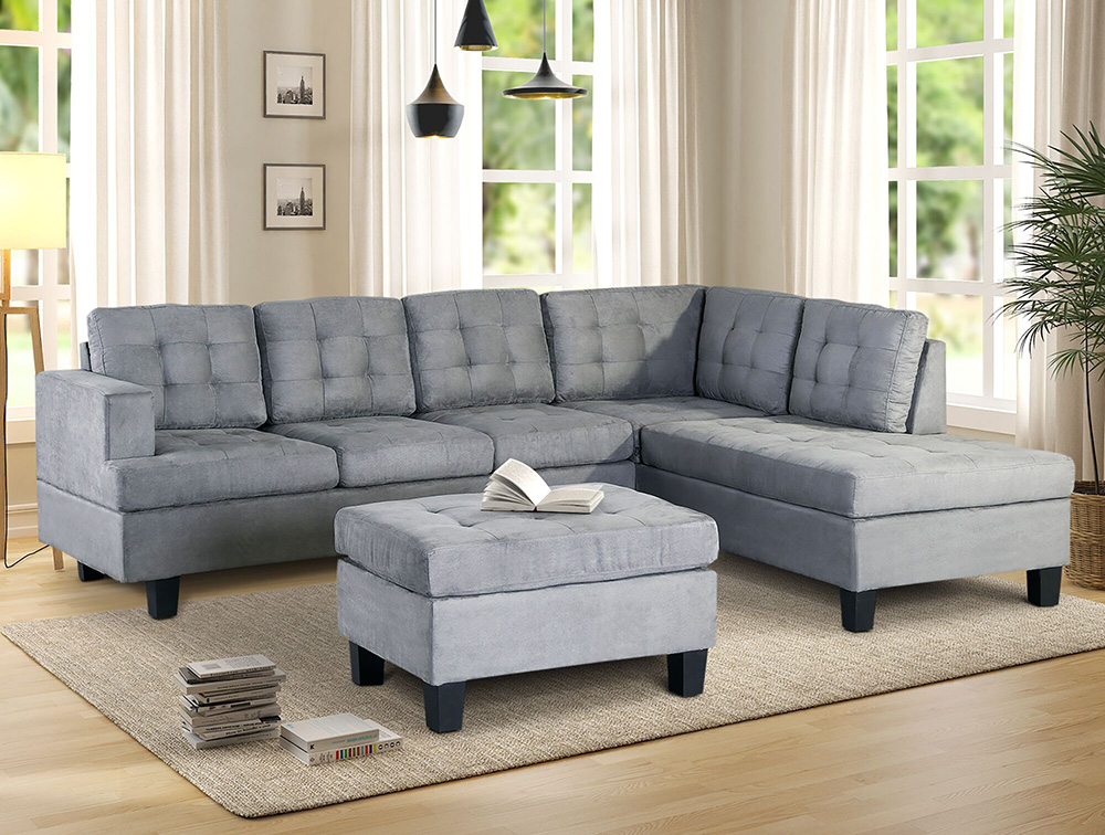 U-STYLE 5-Seat Microfiber Upholstered Sectional Sofa with Storage Ottoman and Wooden Frame, for Living Room, Bedroom, Office, Apartment - Gray