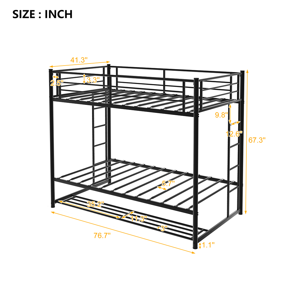 Twin-Over-Twin Size Metal Bunk Bed Frame with Ladder and Storage Bottom Shelf, No Spring Box Required (Frame Only) - Black
