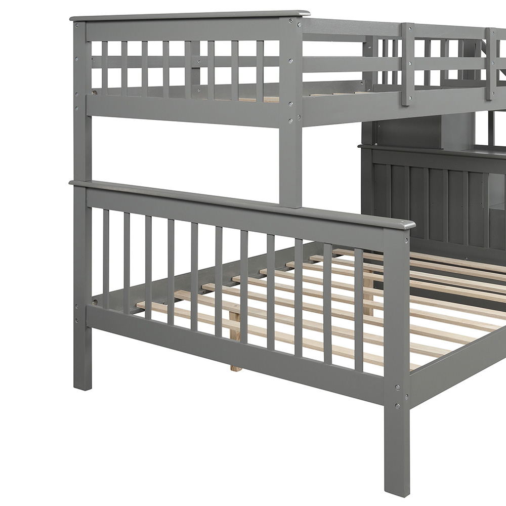 Twin-Over-Full Size Stairway Bunk Bed Frame with Trundle Bed, and Wooden Slats Support, No Spring Box Required (Frame Only) - Gray