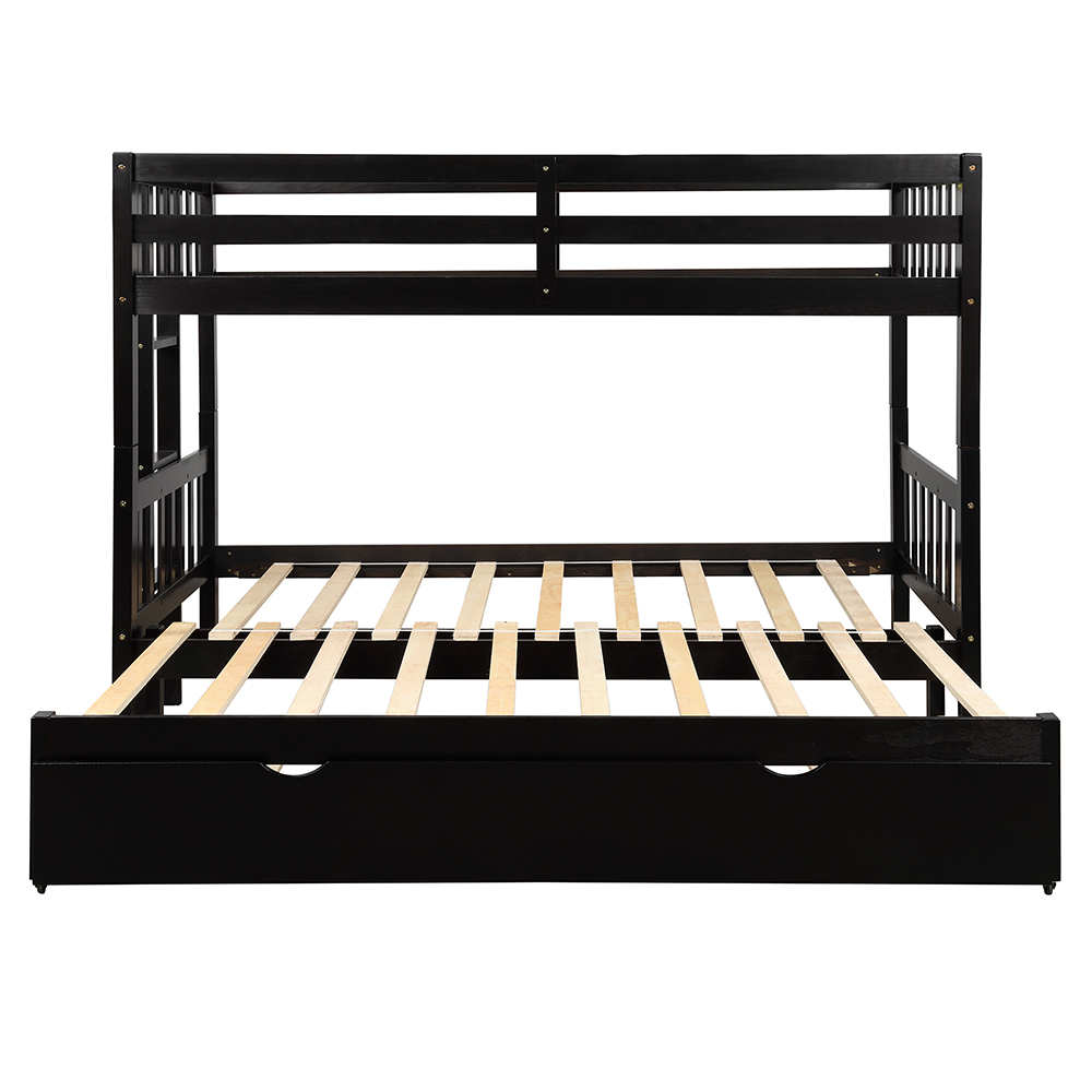 Twin-Over-Twin/King Size Bunk Bed Frame with Trundle Bed, and Wooden Slats Support, No Spring Box Required (Frame Only) - Espresso