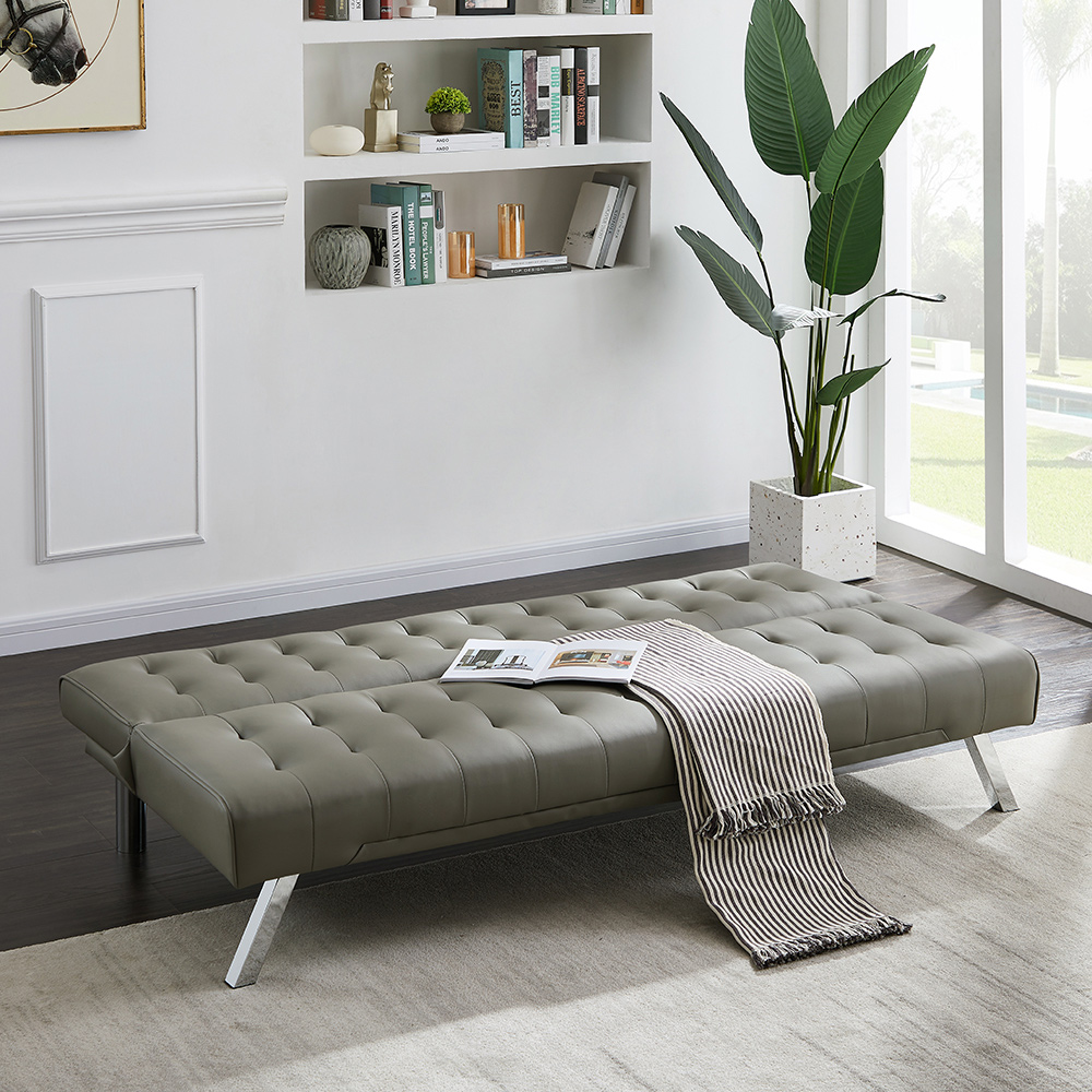 2-Seat PU Leather Armless Sofa Bed with Solid Wood Frame and Metal Legs, for Living Room, Bedroom, Office, Apartment - Gray
