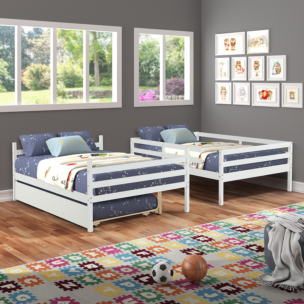 Full-Over-Full Size Bunk Bed Frame with Trundle Bed, and Wooden Slats Support, No Spring Box Required (Frame Only) - White