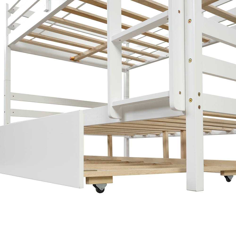 Full-Over-Full Size Bunk Bed Frame with Trundle Bed, and Wooden Slats Support, No Spring Box Required (Frame Only) - White