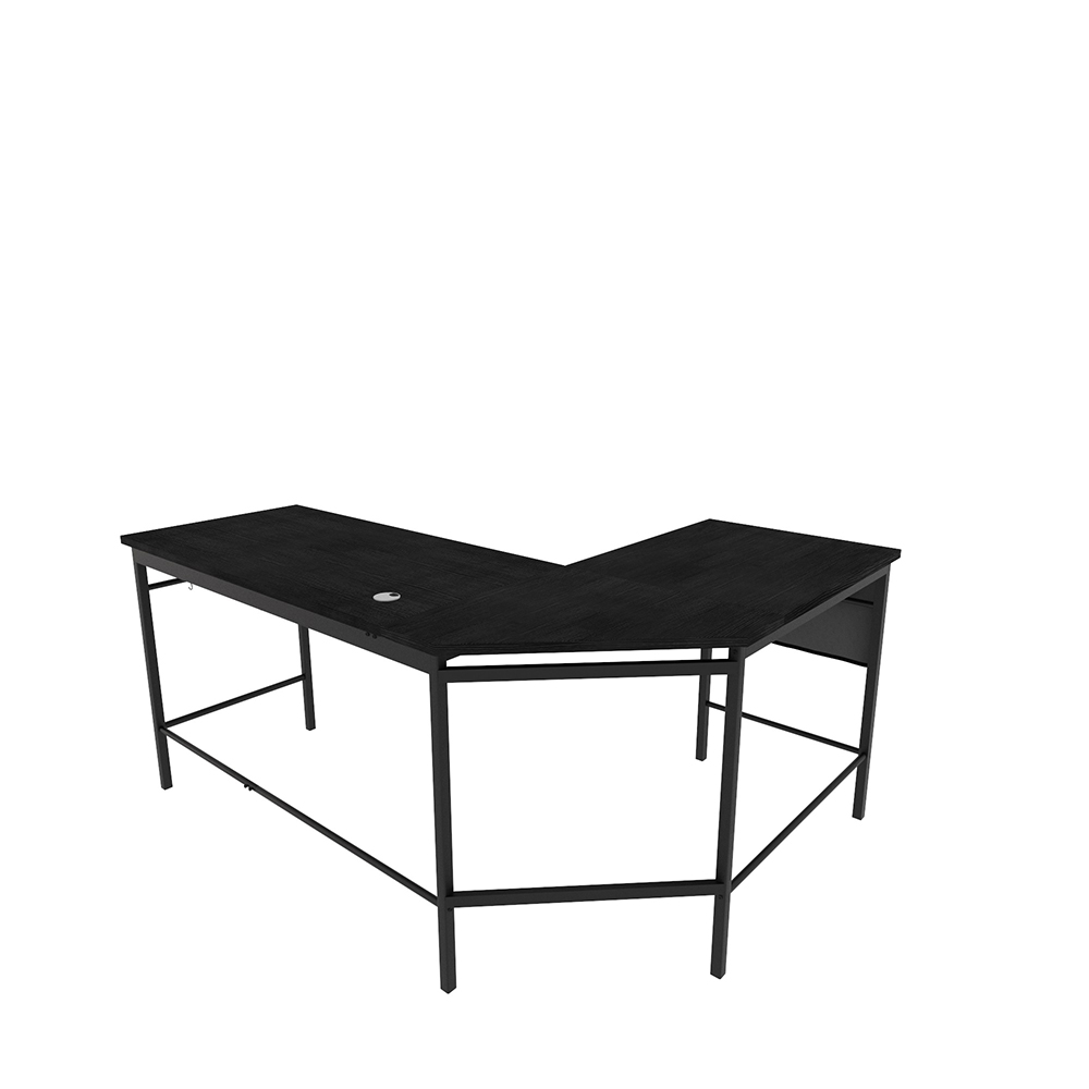 Home Office L-Shaped Computer Desk with Storage Bag, Wooden Tabletop and Metal Frame - Black