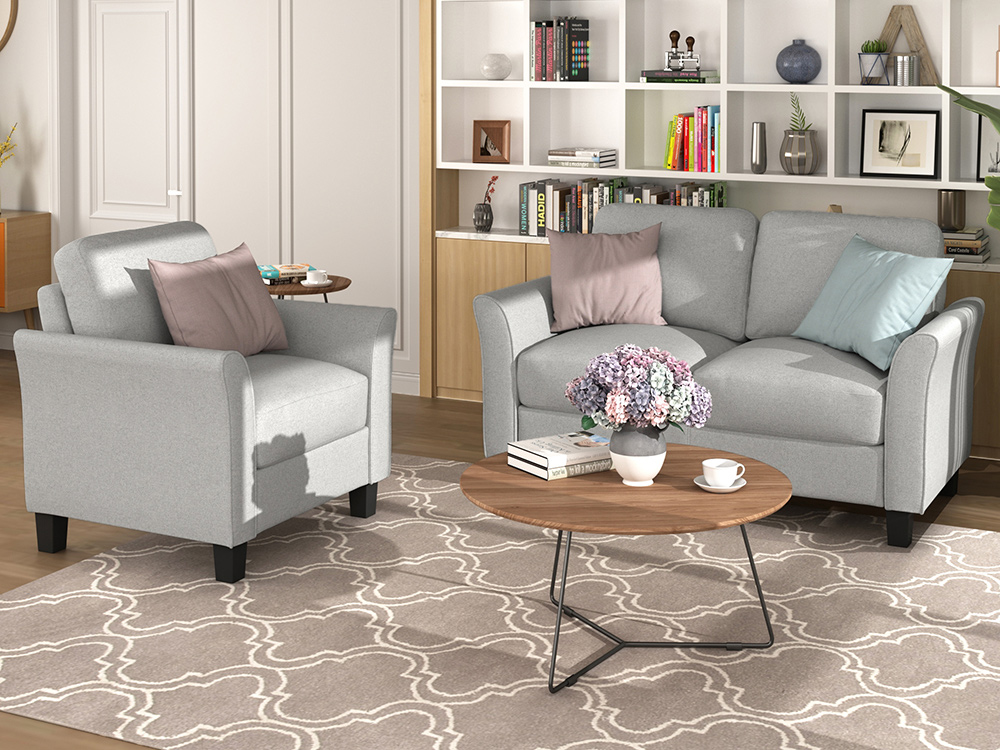 1+2-Seat Linen Upholstered Sofa with Wooden Frame, for Living Room, Bedroom, Office, Apartment - Light Gray