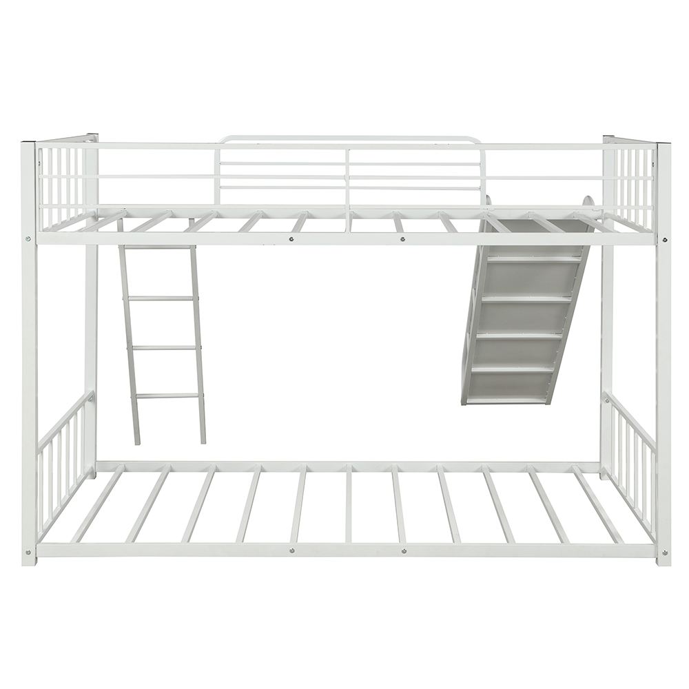 Twin-Over-Twin Size Bunk Bed Frame with Slide, and Metal Slats Support, No Spring Box Required (Frame Only) - White