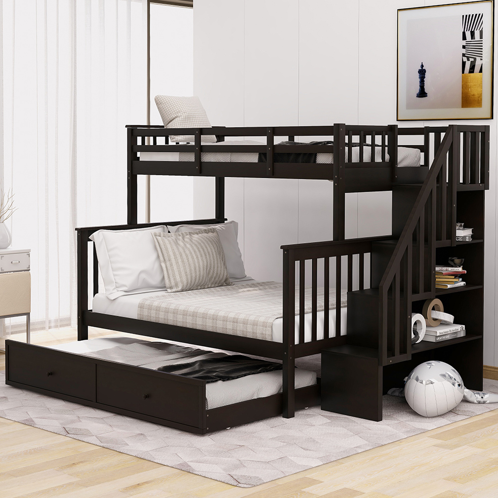 Twin-Over-Full Size Stairway Bunk Bed Frame with Trundle Bed, and Wooden Slats Support, No Spring Box Required (Frame Only) - Espresso