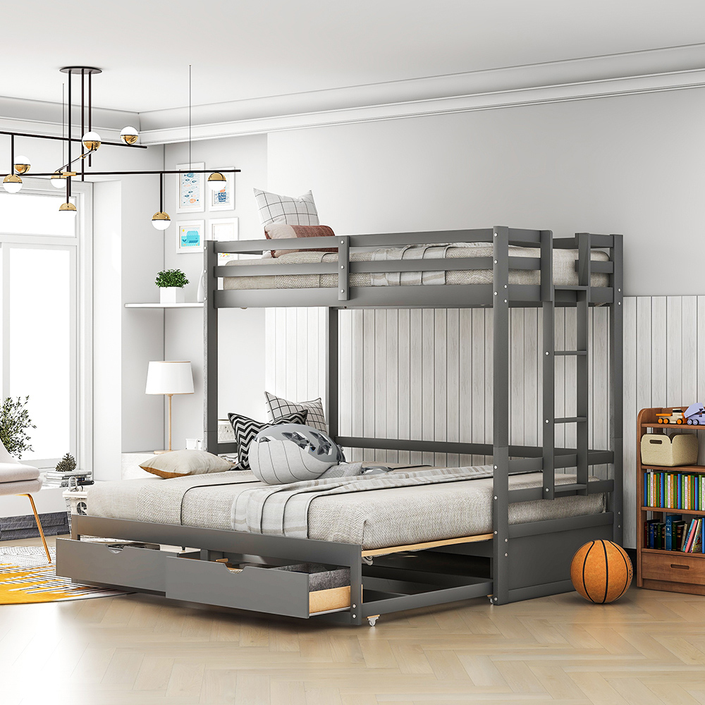 Twin-Over-Twin/Full/King Size Bunk Bed Frame with 2 Storage Drawers, and Wooden Slats Support, No Spring Box Required (Frame Only) - Gray