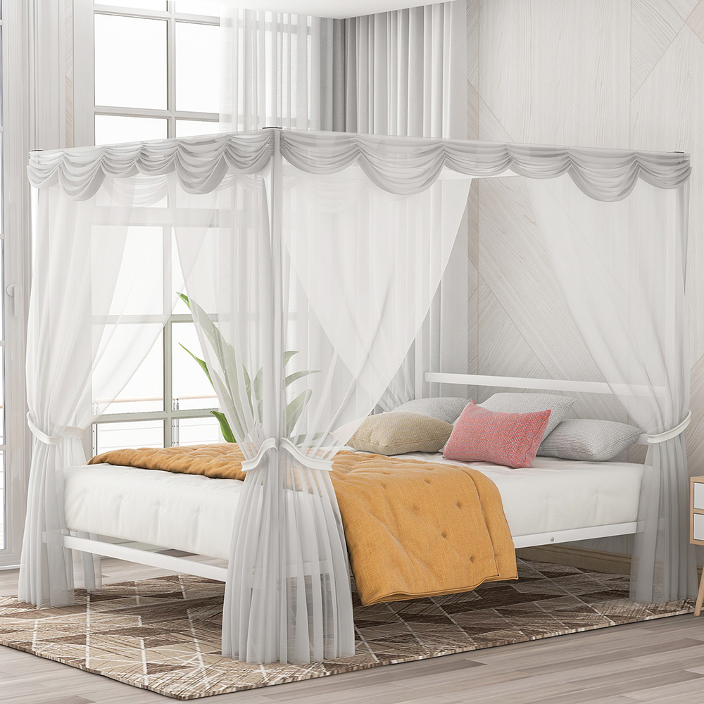 Queen Size Metal Canopy Platform Bed Frame with Built-in Headboard, and Metal Slats Support, No Spring Box Required (Frame Only) - White