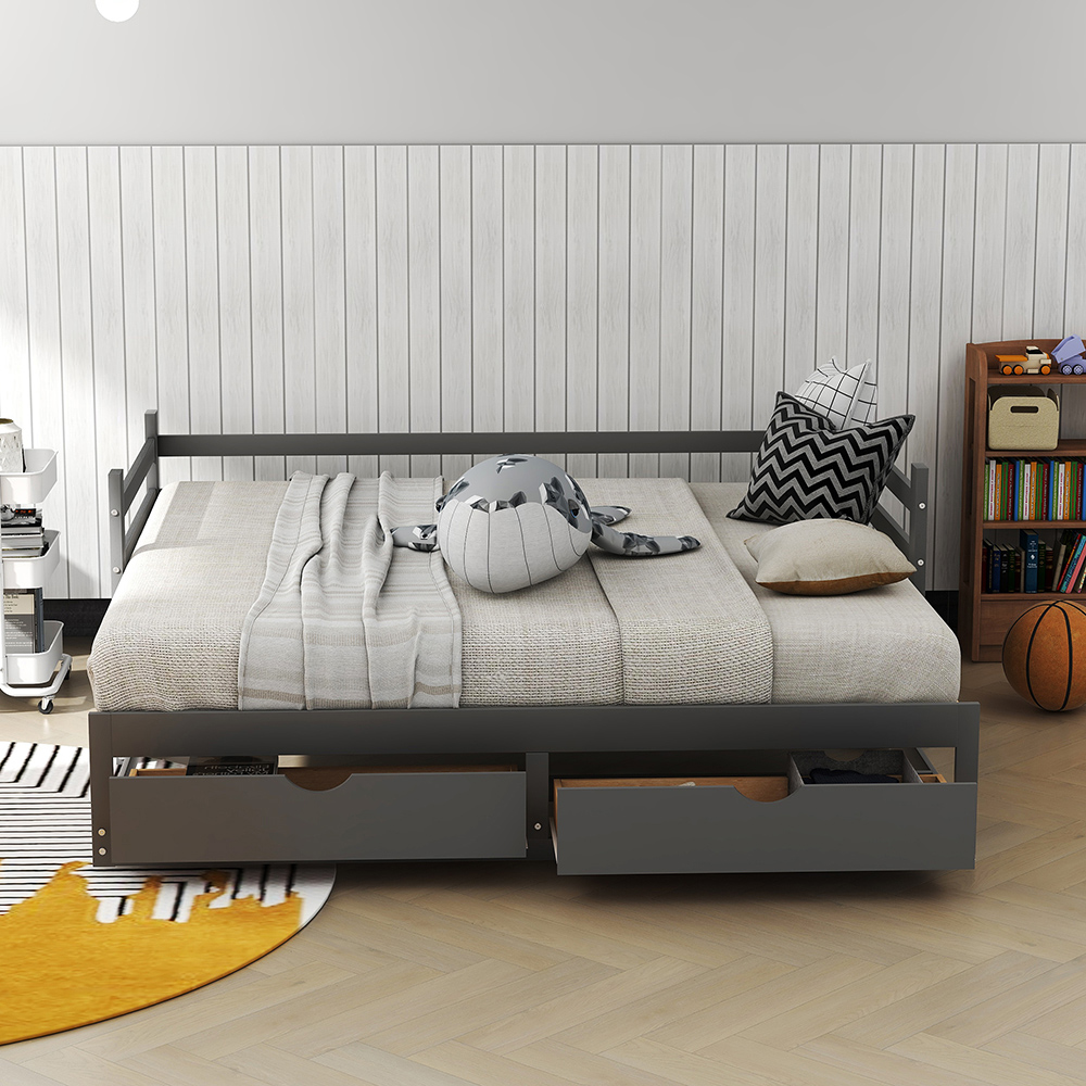 Twin-Over-Twin/Full/King Size Bunk Bed Frame with 2 Storage Drawers, and Wooden Slats Support, No Spring Box Required (Frame Only) - Gray