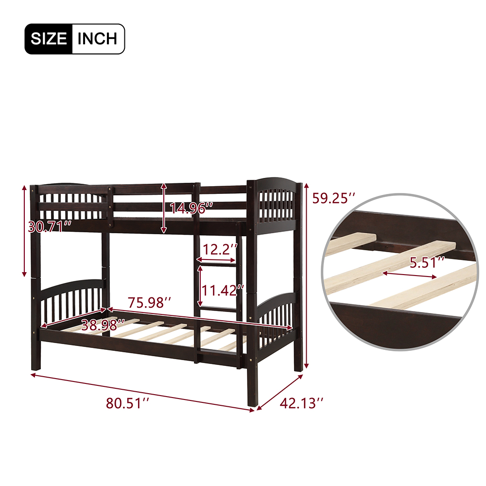 Twin-Over-Twin Size Bunk Bed Frame with Ladder, and Wooden Slats Support, No Spring Box Required (Frame Only) - Espresso