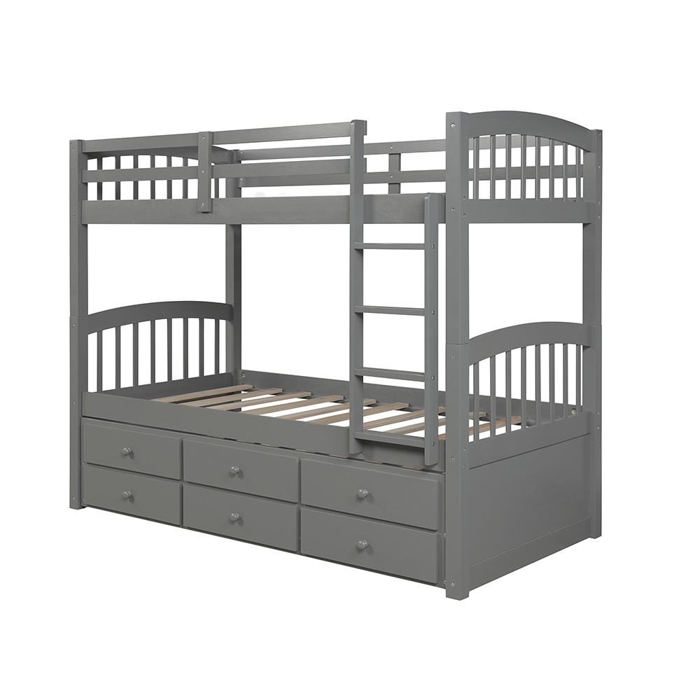 Twin-Over-Twin Size Bunk Bed Frame with Trundle Bed, and 3 Storage Drawers, No Spring Box Required (Frame Only) - Gray