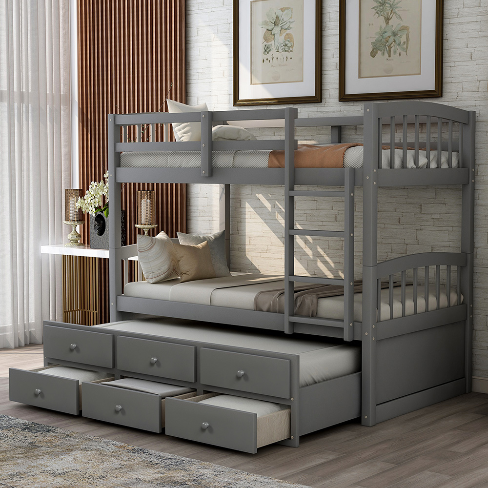Twin-Over-Twin Size Bunk Bed Frame with Trundle Bed, and 3 Storage Drawers, No Spring Box Required (Frame Only) - Gray