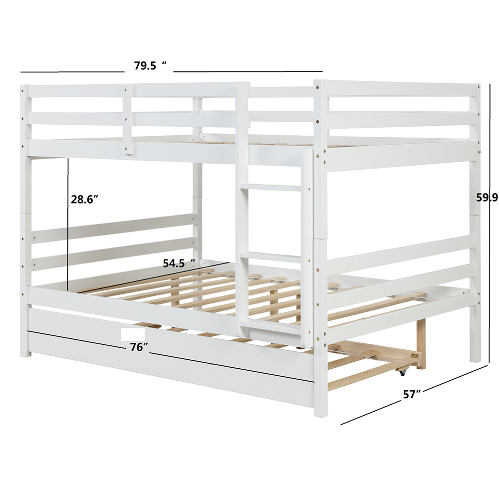 Full-Over-Full Size Bunk Bed Frame with Trundle Bed, and Wooden Slats Support, No Spring Box Required (Frame Only) - White