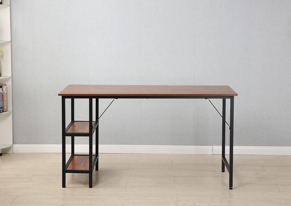 55" Home Office Computer Desk with Open Storage Shelves, Wooden Tabletop and Metal Frame - Brown