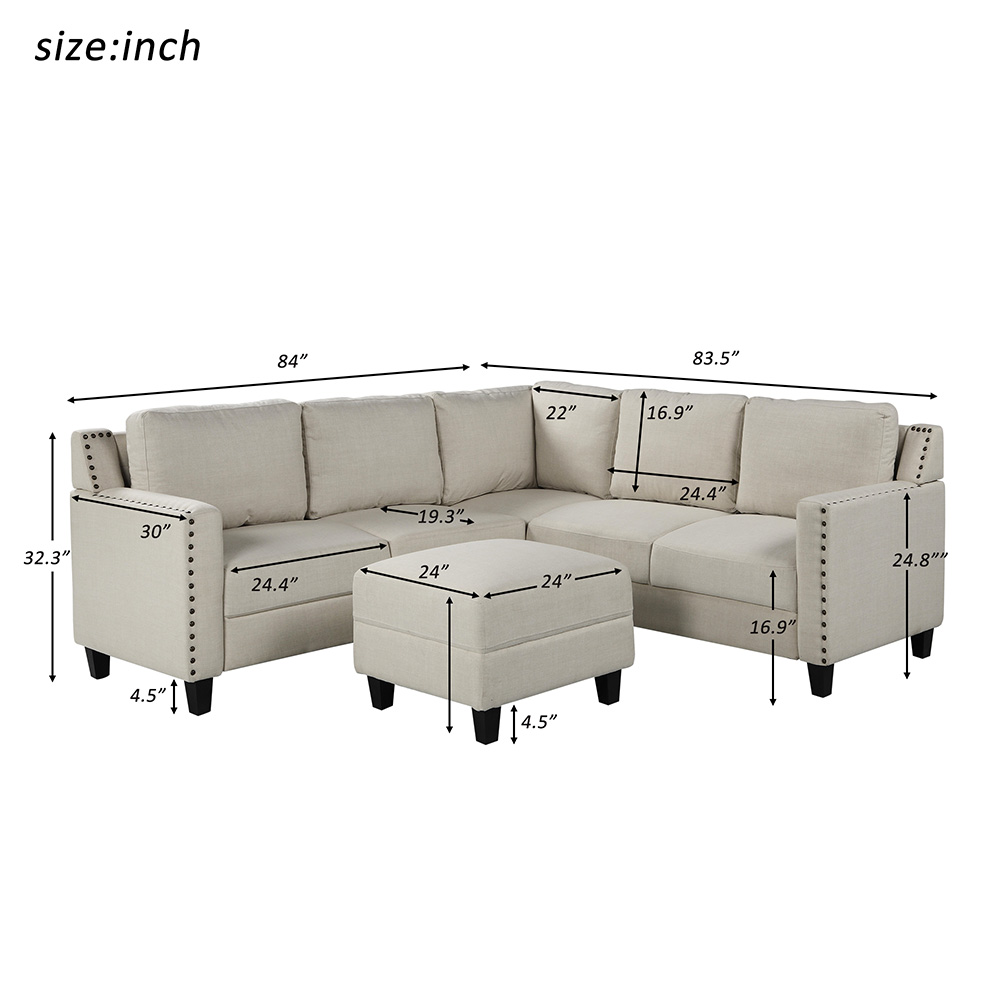 U-STYLE 84" 5-Seat Microfiber Upholstered Sofa with Ottoman and Wooden Frame, for Living Room, Bedroom, Office, Apartment - Beige