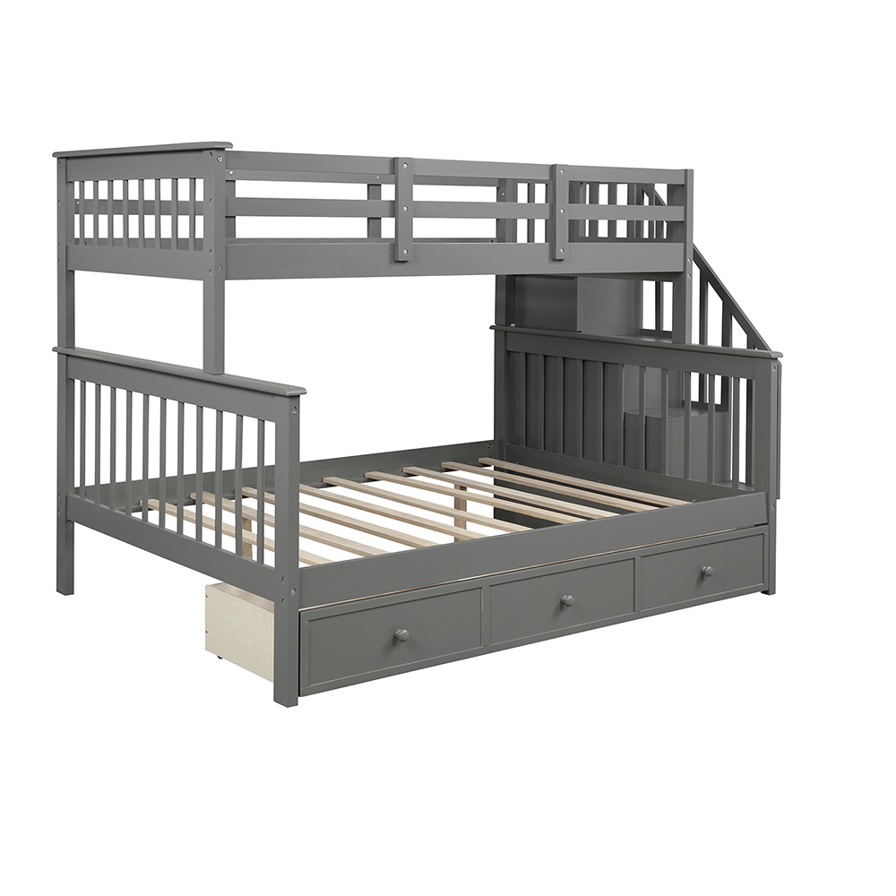 Twin-Over-Full Size Stairway Bunk Bed Frame with Trundle Bed, and Wooden Slats Support, No Spring Box Required (Frame Only) - Gray
