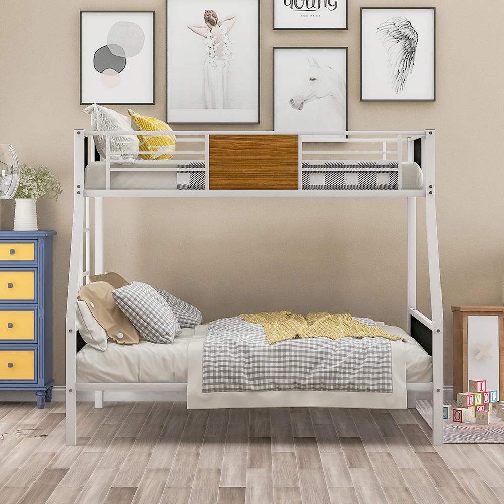 Twin-Over-Full Size Bunk Bed Frame with Ladder, and Metal Slats Support, No Spring Box Required (Frame Only) - White
